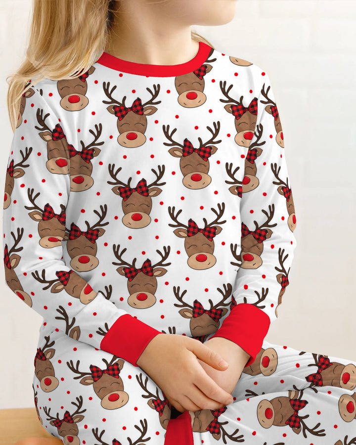 Cute Rudolph Reindeer Buffalo Plaid Bow Bamboo Two Piece Long Sleeve Pajama Set