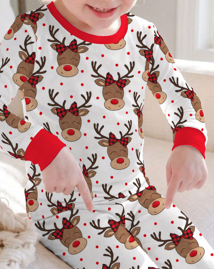 Cute Rudolph Reindeer Buffalo Plaid Bow Bamboo Two Piece Long Sleeve Pajama Set