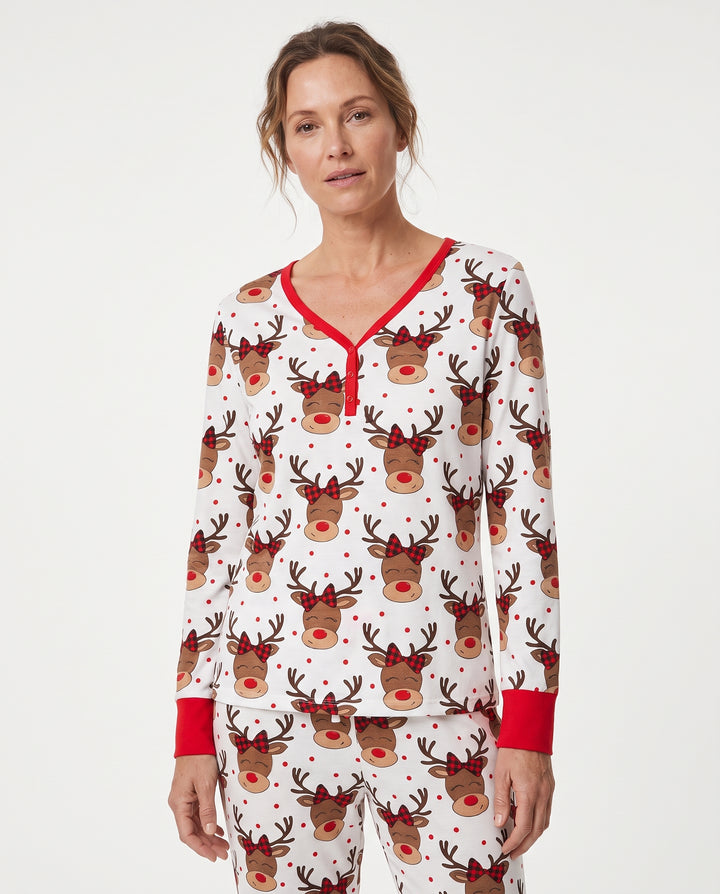 Cute Rudolph Reindeer Buffalo Plaid Bow Bamboo Women Pajama Set