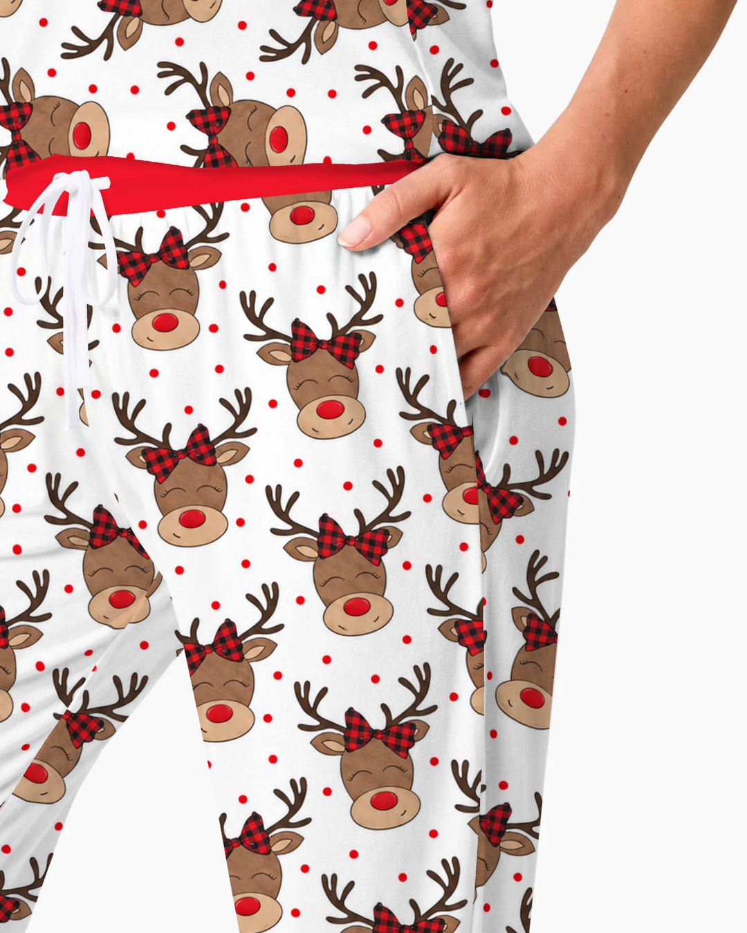 Cute Rudolph Reindeer Buffalo Plaid Bow Bamboo Women Pajama Set