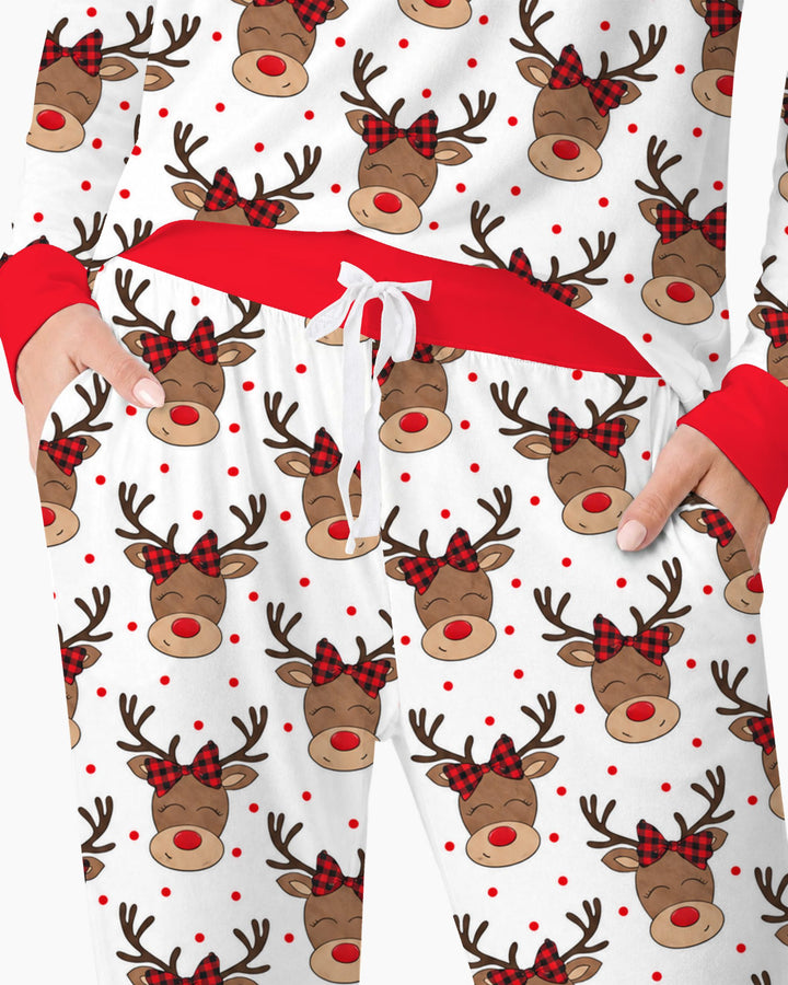 Cute Rudolph Reindeer Buffalo Plaid Bow Bamboo Women Pajama Set
