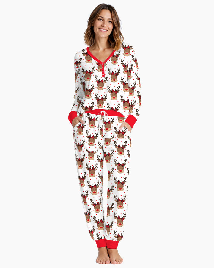 Cute Rudolph Reindeer Buffalo Plaid Bow Bamboo Women Pajama Set
