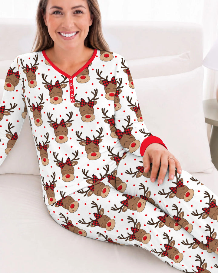 Cute Rudolph Reindeer Buffalo Plaid Bow Bamboo Women Pajama Set