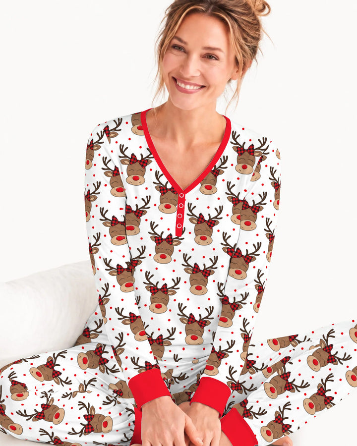 Cute Rudolph Reindeer Buffalo Plaid Bow Bamboo Women Pajama Set