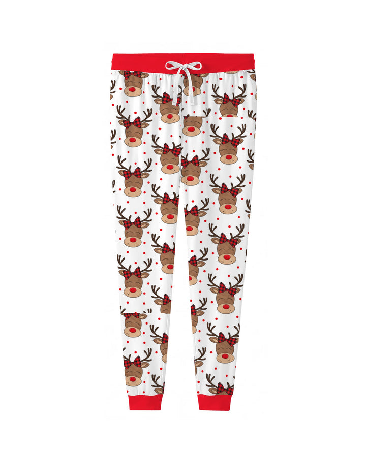 Cute Rudolph Reindeer Buffalo Plaid Bow Bamboo Women Pajama Set