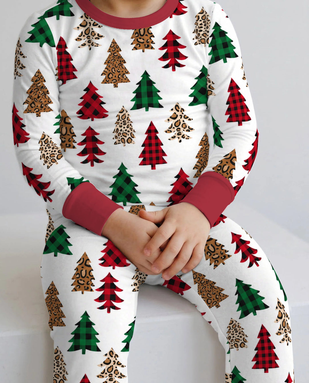 Buffalo Plaid and Leopard Print Christmas Trees Bamboo Two Piece Long Sleeve Pajama Set