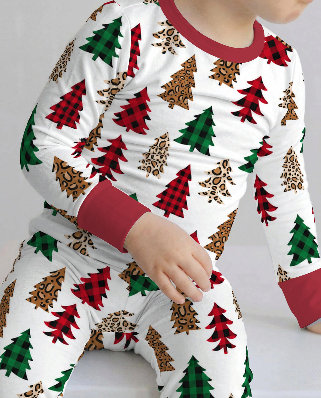 Buffalo Plaid and Leopard Print Christmas Trees Bamboo Two Piece Long Sleeve Pajama Set