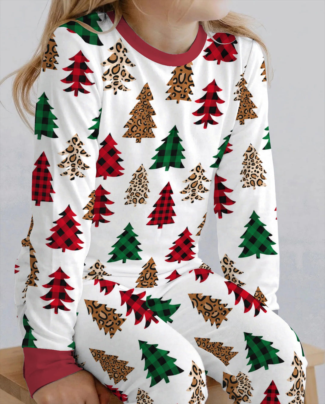 Buffalo Plaid and Leopard Print Christmas Trees Bamboo Two Piece Long Sleeve Pajama Set