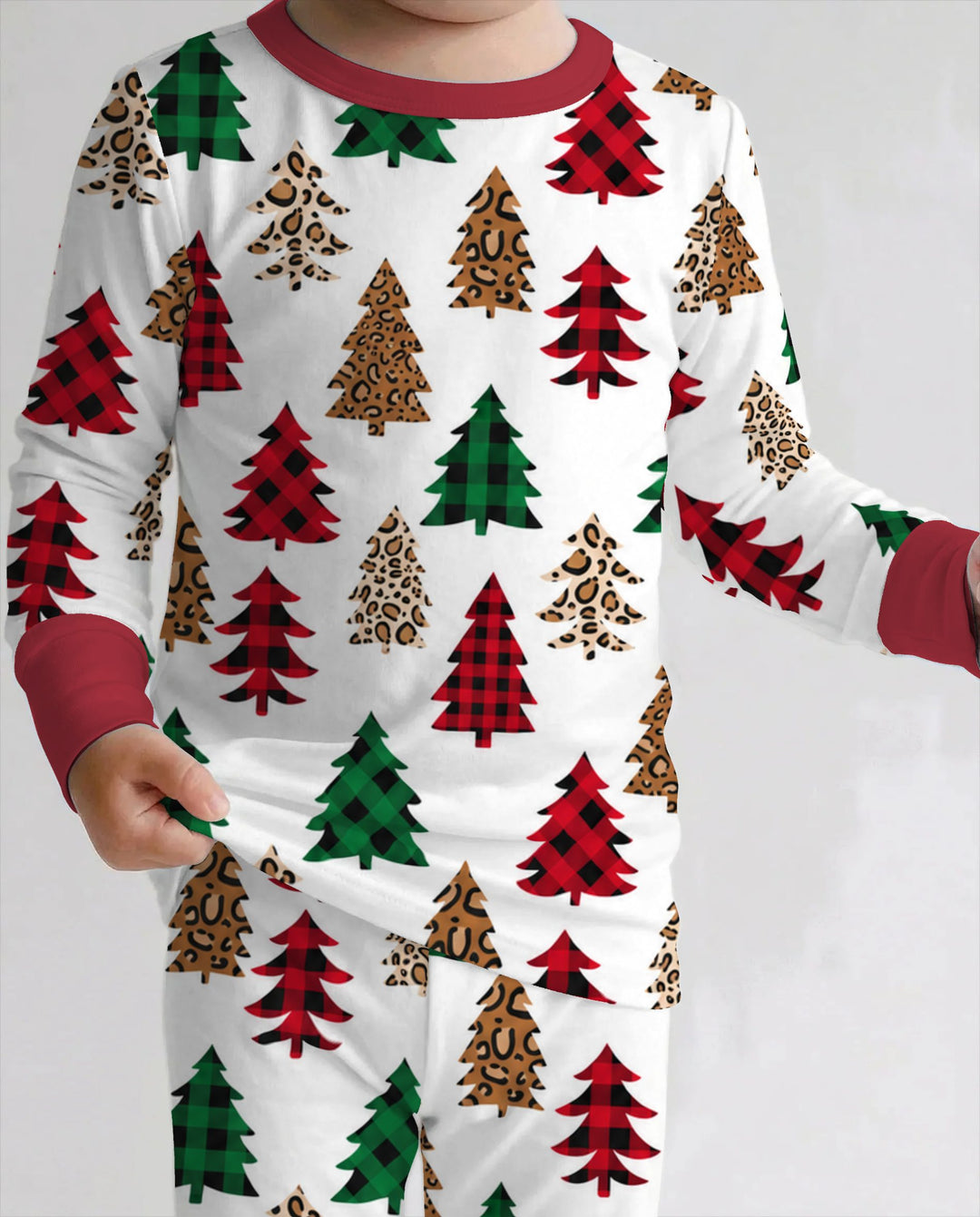 Buffalo Plaid and Leopard Print Christmas Trees Bamboo Two Piece Long Sleeve Pajama Set