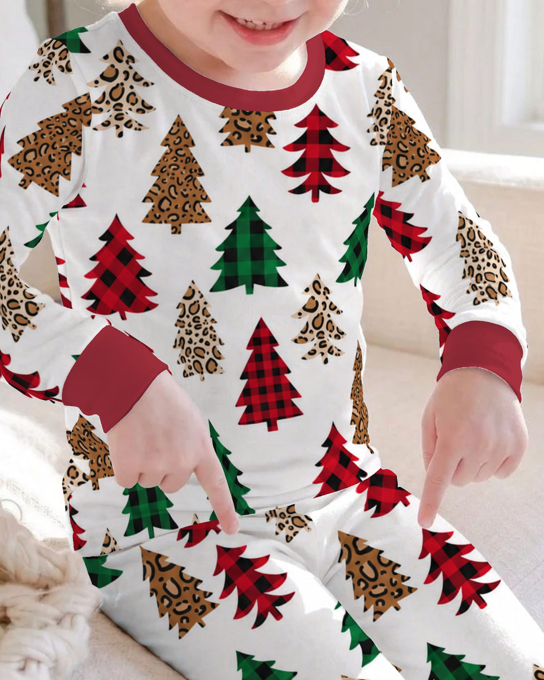 Buffalo Plaid and Leopard Print Christmas Trees Bamboo Two Piece Long Sleeve Pajama Set