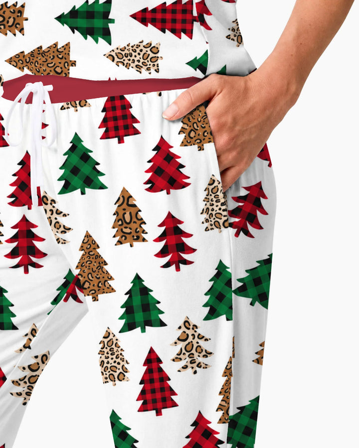 Buffalo Plaid and Leopard Print Christmas Trees Bamboo Women Pajama Set