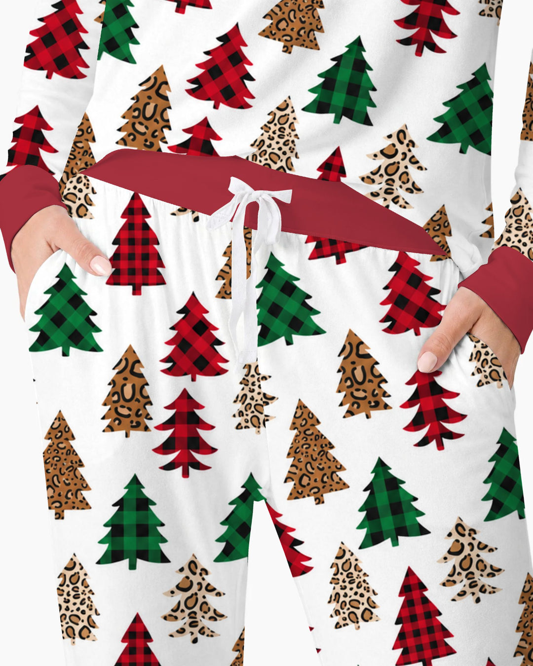 Buffalo Plaid and Leopard Print Christmas Trees Bamboo Women Pajama Set