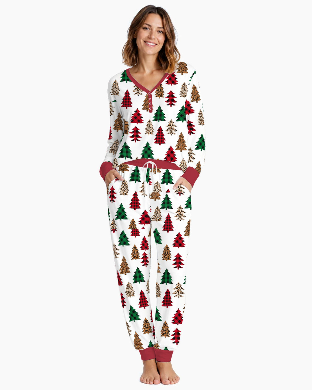 Buffalo Plaid and Leopard Print Christmas Trees Bamboo Women Pajama Set