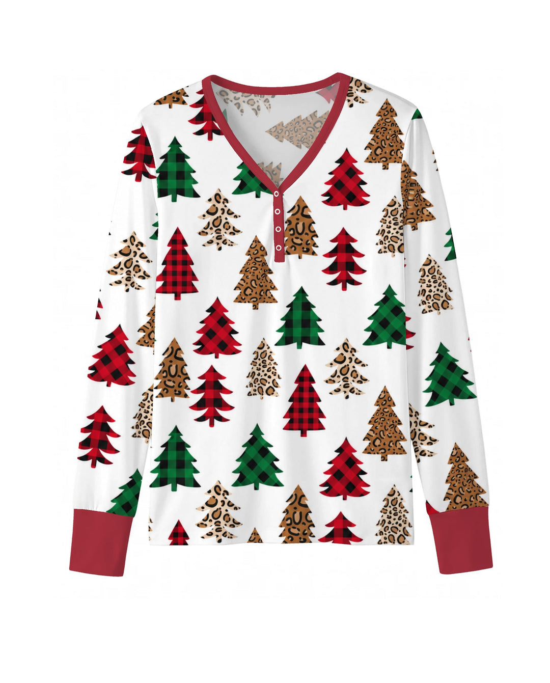 Buffalo Plaid and Leopard Print Christmas Trees Bamboo Women Pajama Set