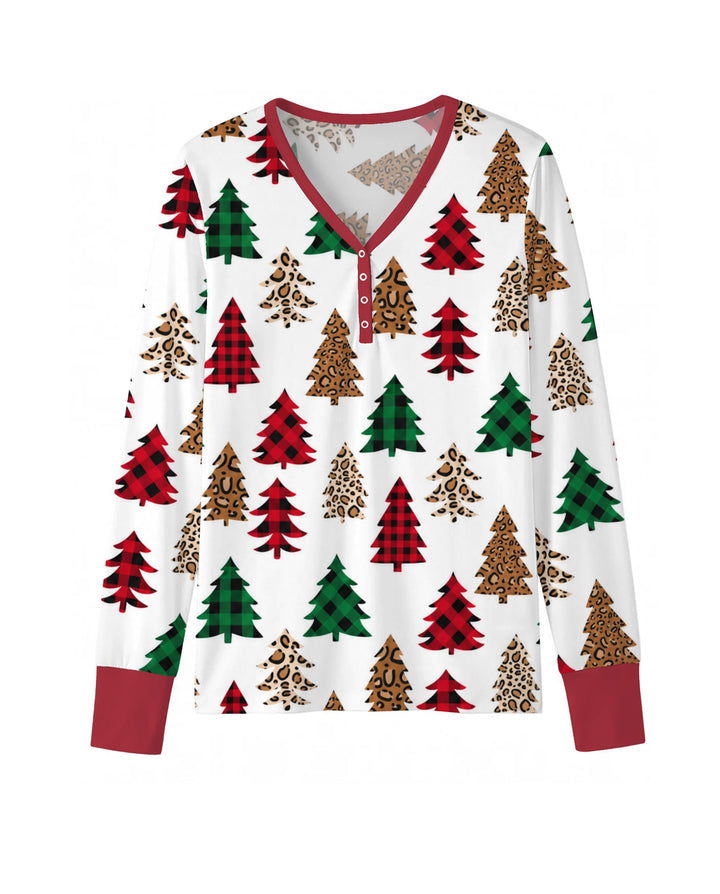 Buffalo Plaid and Leopard Print Christmas Trees Bamboo Women Pajama Set