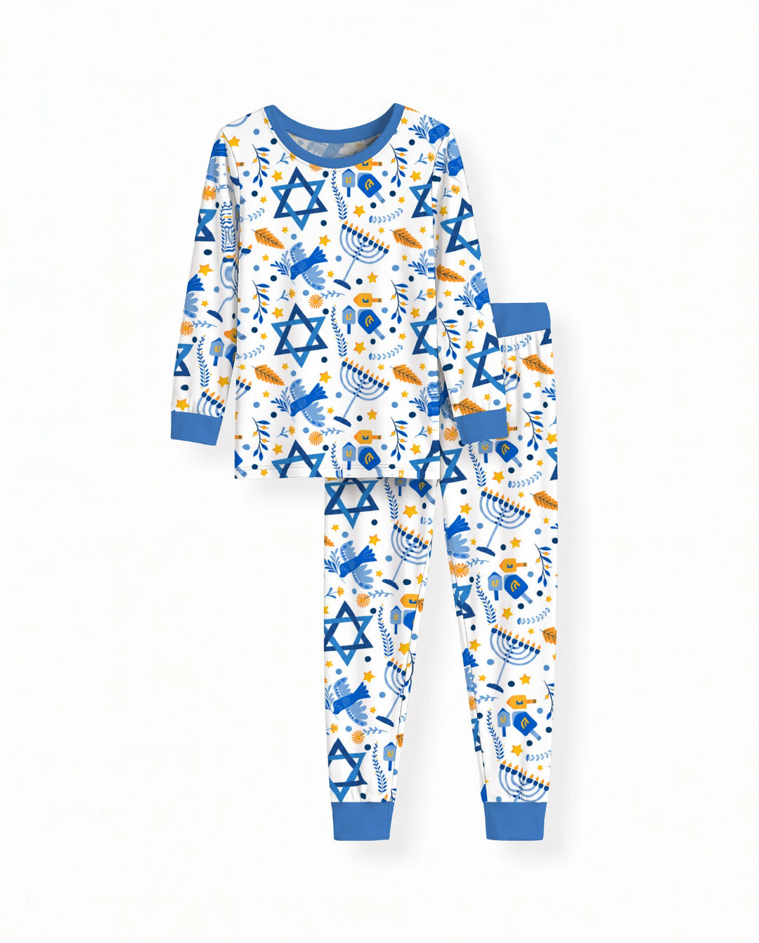 Blue and Gold Hanukkah Menorah and Dreidel Bamboo Two Piece Long Sleeve Pajama Set