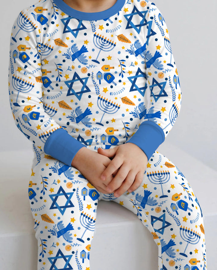 Blue and Gold Hanukkah Menorah and Dreidel Bamboo Two Piece Long Sleeve Pajama Set