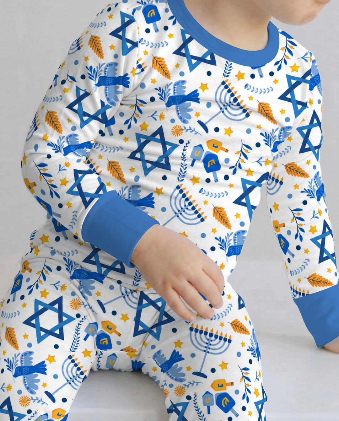 Blue and Gold Hanukkah Menorah and Dreidel Bamboo Two Piece Long Sleeve Pajama Set