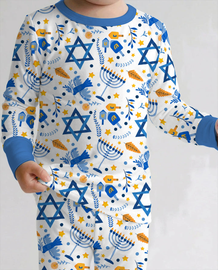 Blue and Gold Hanukkah Menorah and Dreidel Bamboo Two Piece Long Sleeve Pajama Set