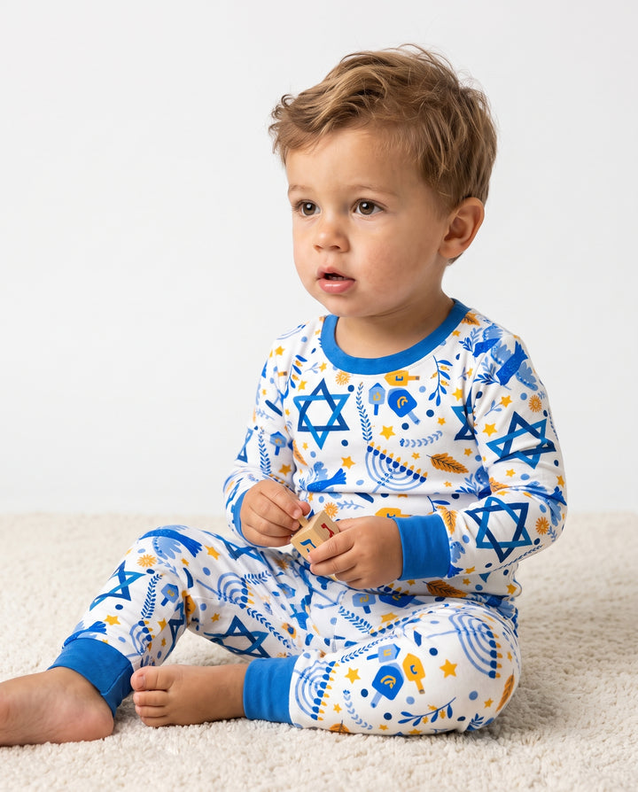 Blue and Gold Hanukkah Menorah and Dreidel Bamboo Two Piece Long Sleeve Pajama Set