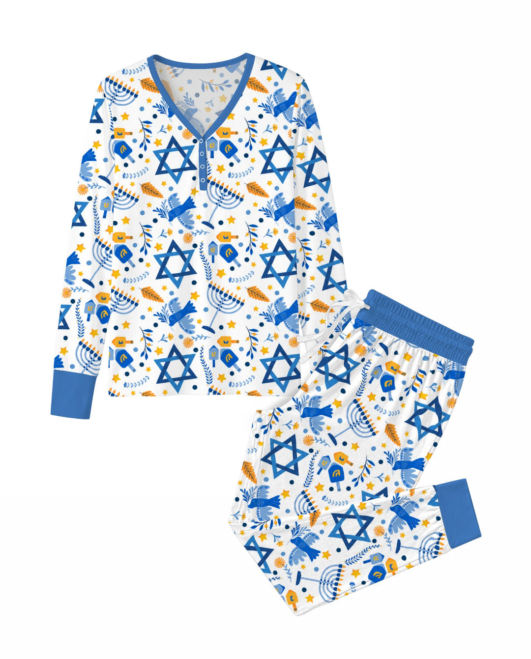Blue and Gold Hanukkah Menorah and Dreidel Bamboo Women Pajama Set