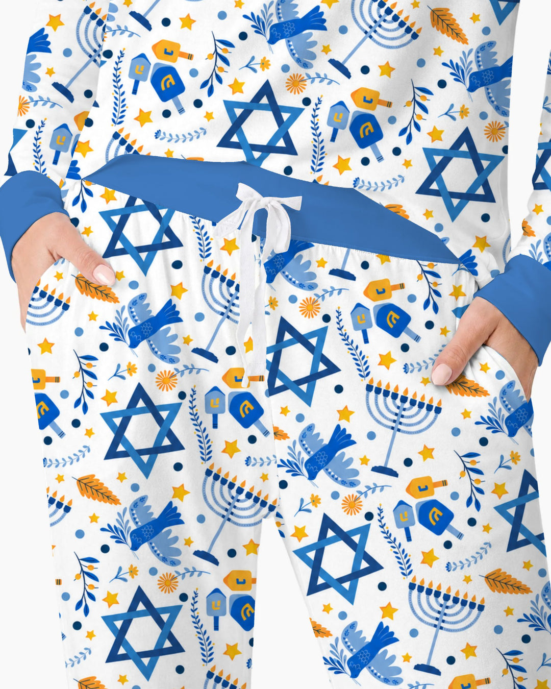 Blue and Gold Hanukkah Menorah and Dreidel Bamboo Women Pajama Set