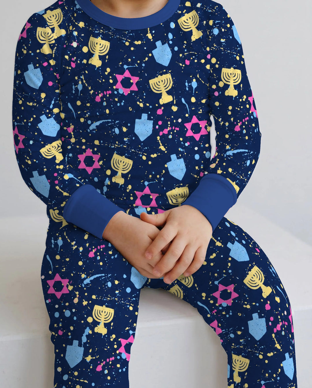 Colorful Hanukkah Menorah and Star of David Bamboo Two Piece Long Sleeve Pajama Set