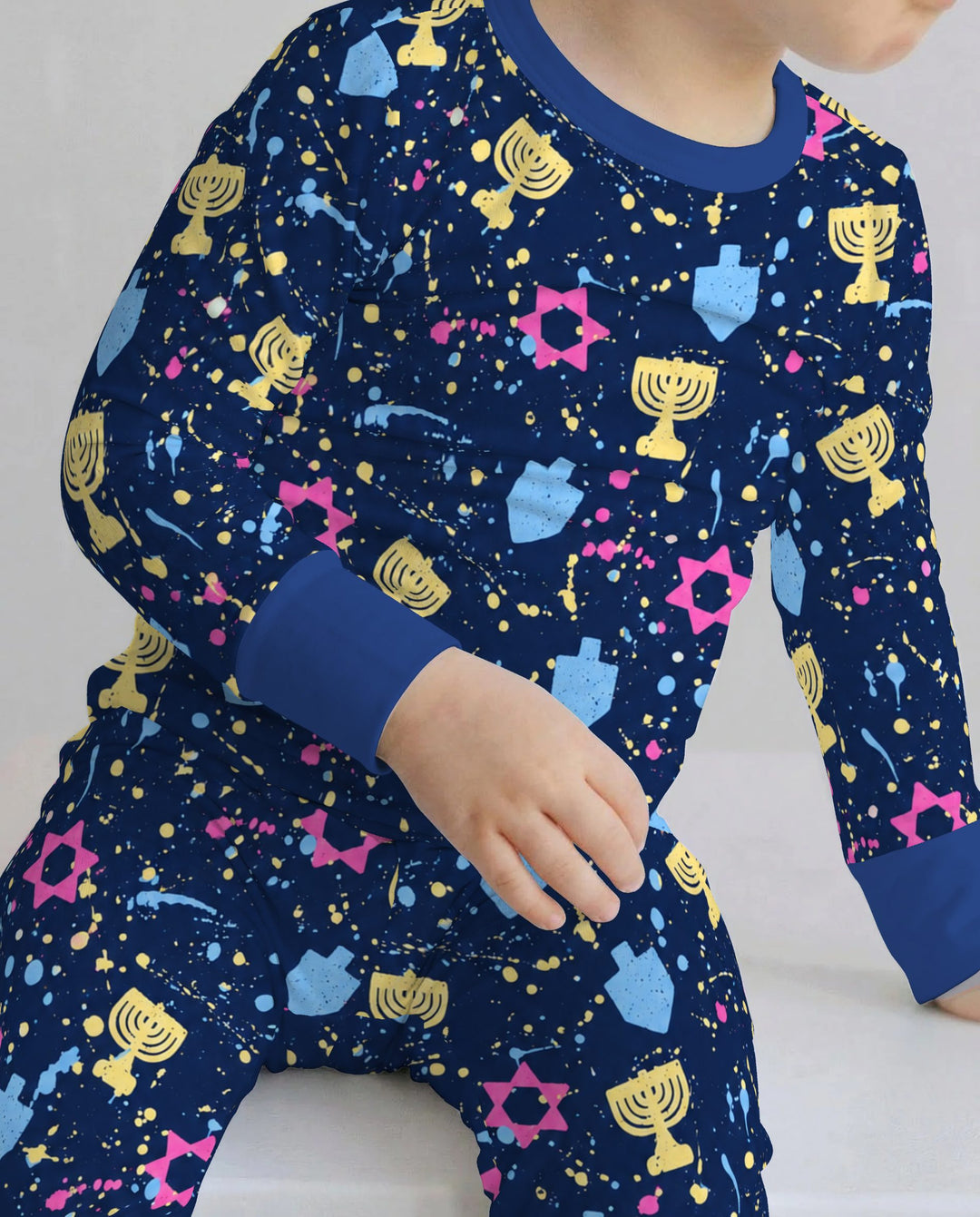 Colorful Hanukkah Menorah and Star of David Bamboo Two Piece Long Sleeve Pajama Set