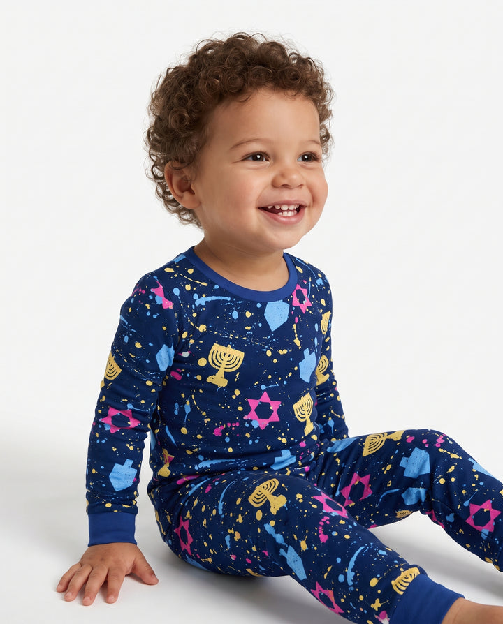 Colorful Hanukkah Menorah and Star of David Bamboo Two Piece Long Sleeve Pajama Set