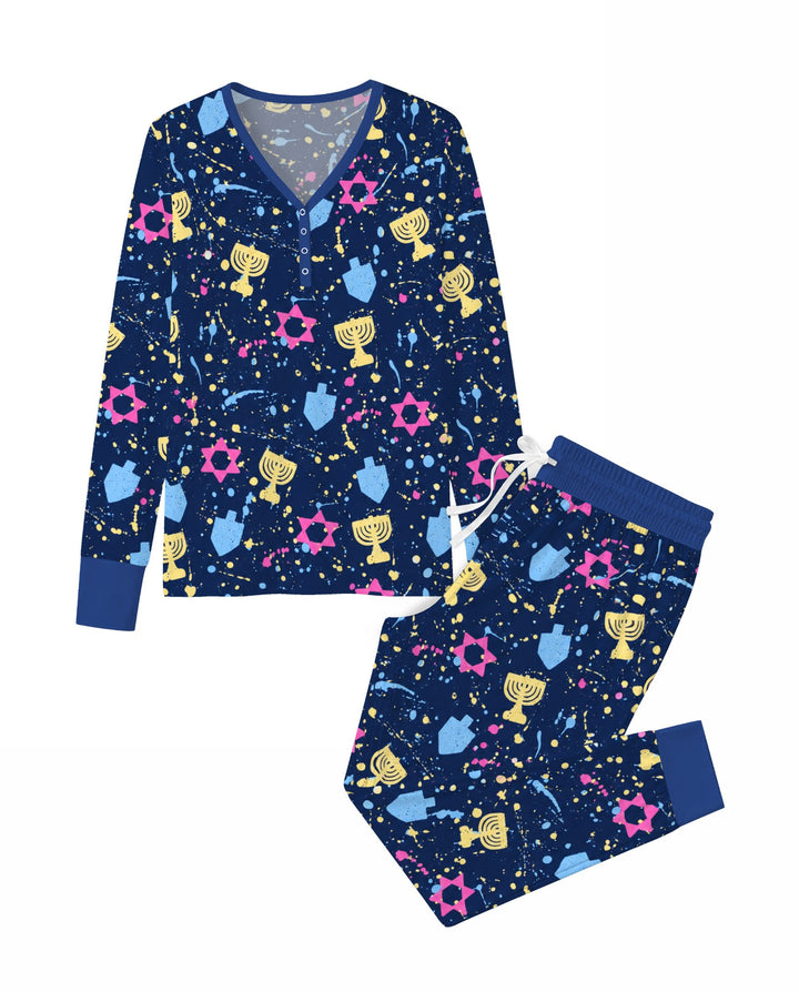 Colorful Hanukkah Menorah and Star of David Bamboo Women Pajama Set