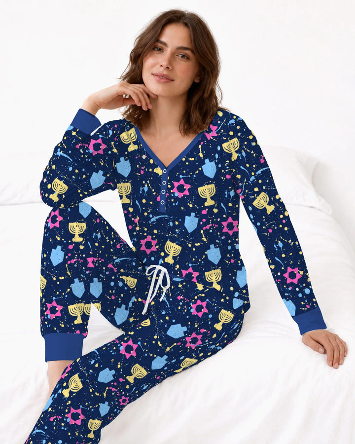 Colorful Hanukkah Menorah and Star of David Bamboo Women Pajama Set