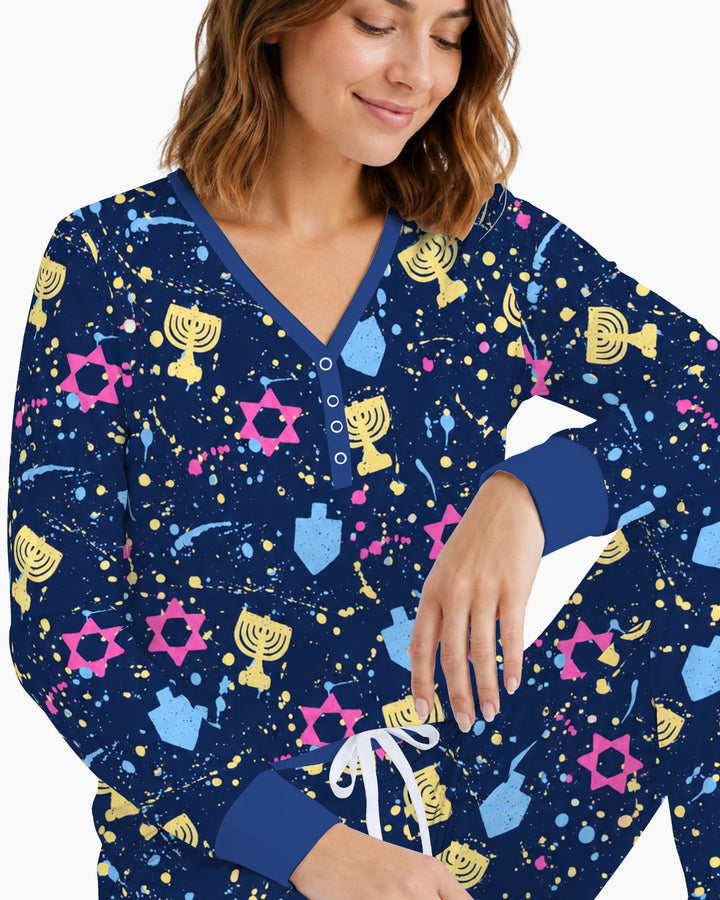 Colorful Hanukkah Menorah and Star of David Bamboo Women Pajama Set