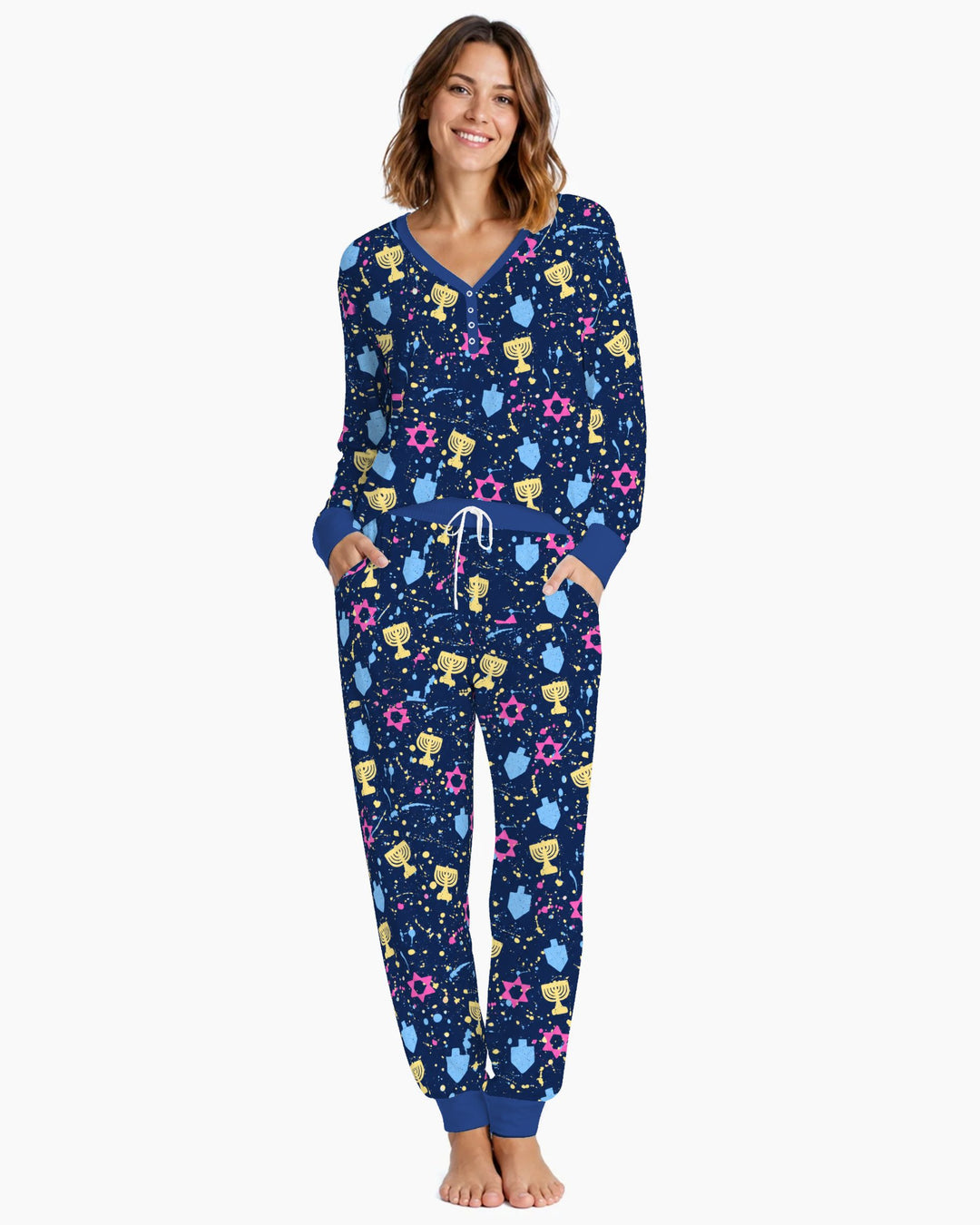 Colorful Hanukkah Menorah and Star of David Bamboo Women Pajama Set