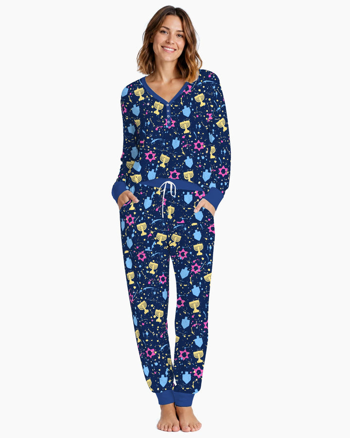 Colorful Hanukkah Menorah and Star of David Bamboo Women Pajama Set