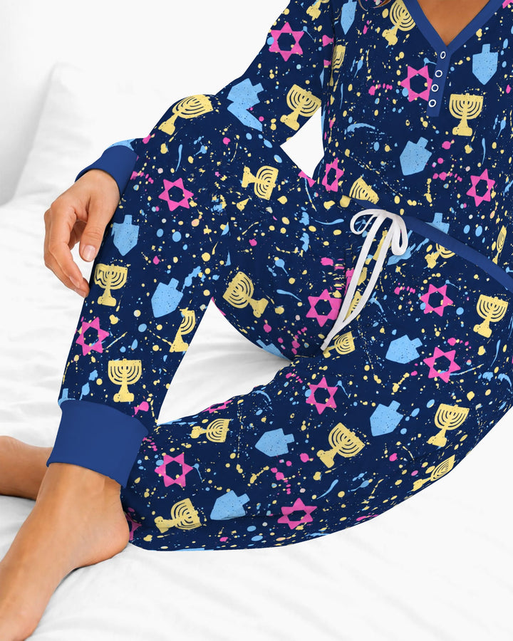 Colorful Hanukkah Menorah and Star of David Bamboo Women Pajama Set
