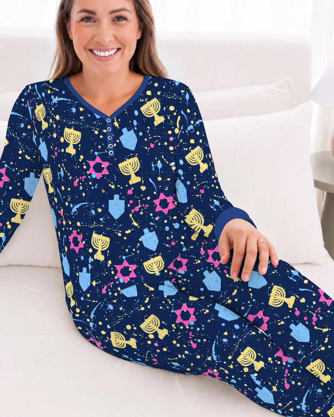 Colorful Hanukkah Menorah and Star of David Bamboo Women Pajama Set