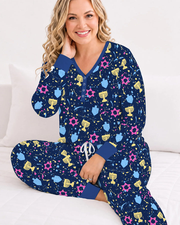 Colorful Hanukkah Menorah and Star of David Bamboo Women Pajama Set