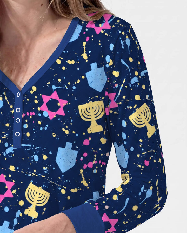 Colorful Hanukkah Menorah and Star of David Bamboo Women Pajama Set