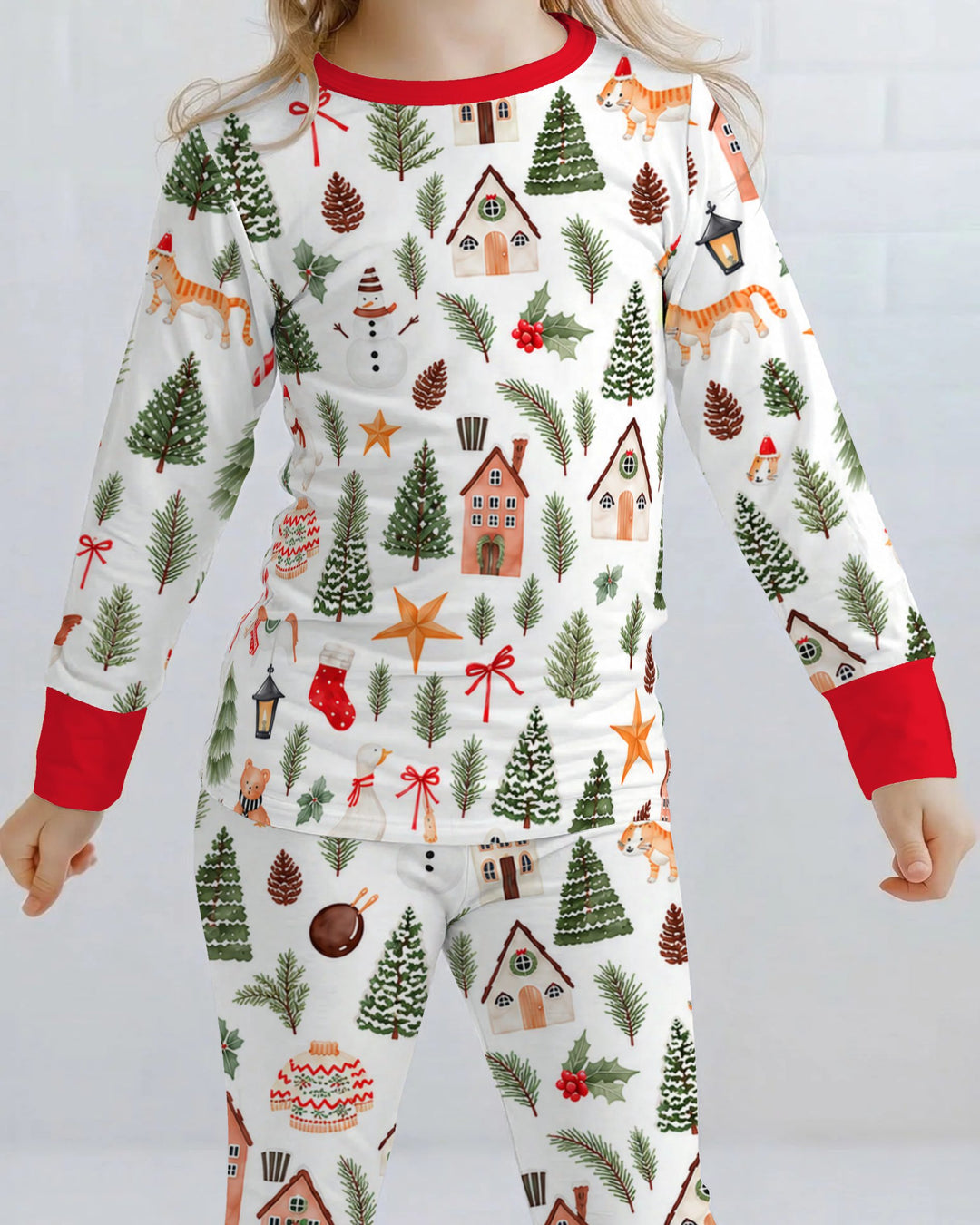 Whimsical Watercolor Christmas Village Bamboo Two Piece Long Sleeve Pajama Set
