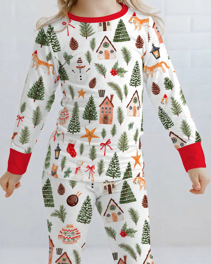 Whimsical Watercolor Christmas Village Bamboo Two Piece Long Sleeve Pajama Set