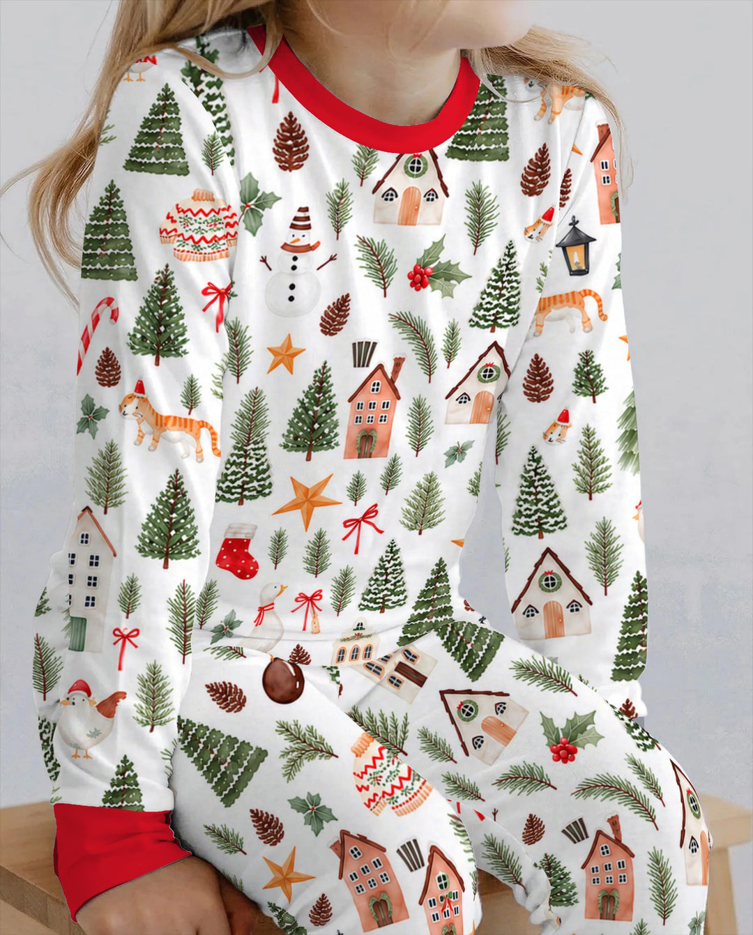 Whimsical Watercolor Christmas Village Bamboo Two Piece Long Sleeve Pajama Set