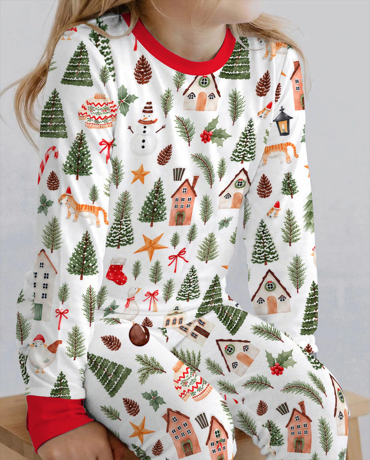 Whimsical Watercolor Christmas Village Bamboo Two Piece Long Sleeve Pajama Set