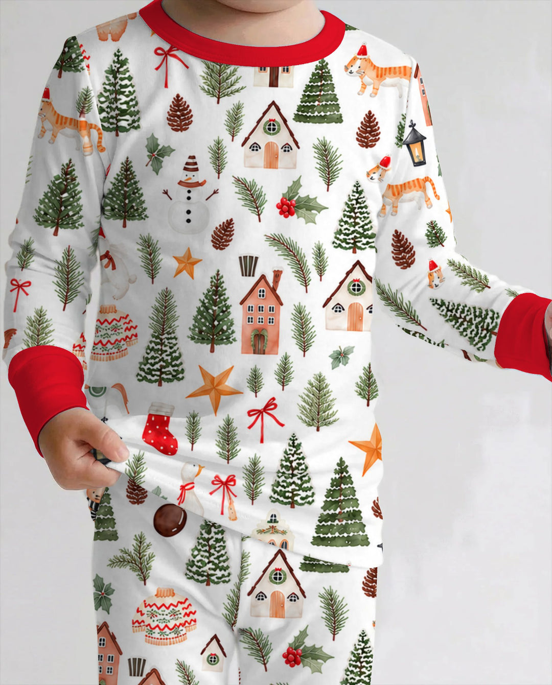 Whimsical Watercolor Christmas Village Bamboo Two Piece Long Sleeve Pajama Set