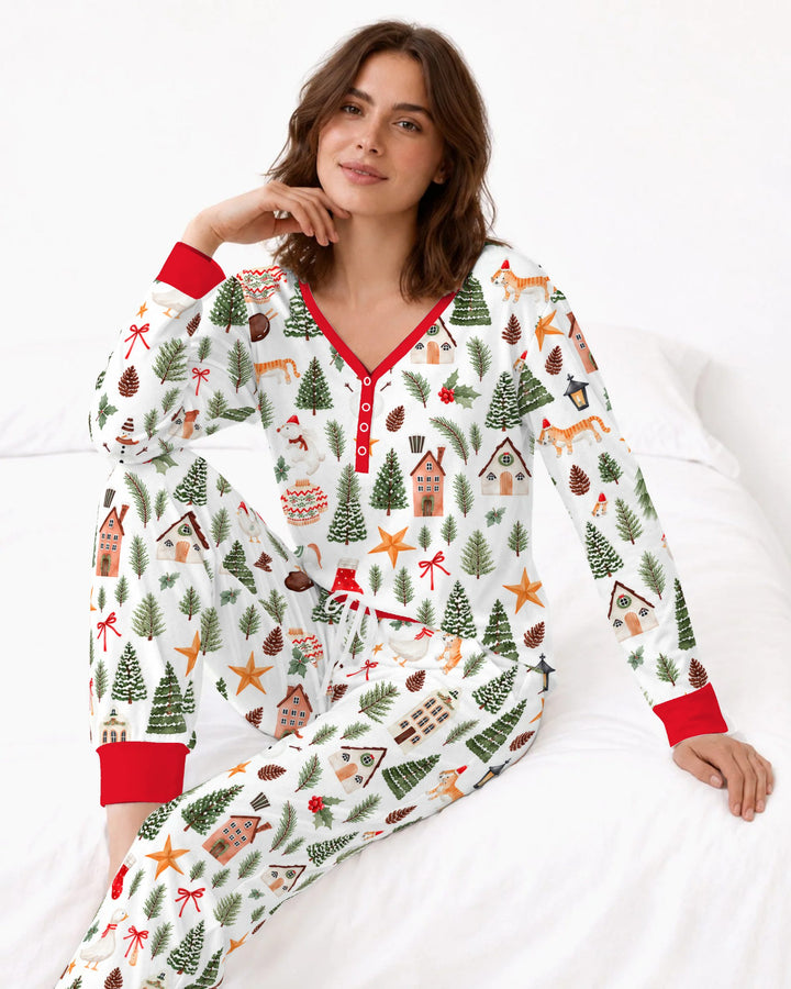 Whimsical Watercolor Christmas Village Bamboo Women Pajama Set