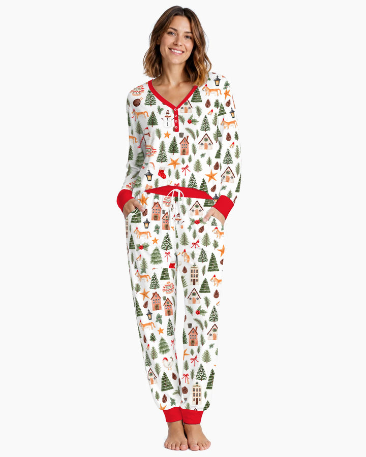 Whimsical Watercolor Christmas Village Bamboo Women Pajama Set