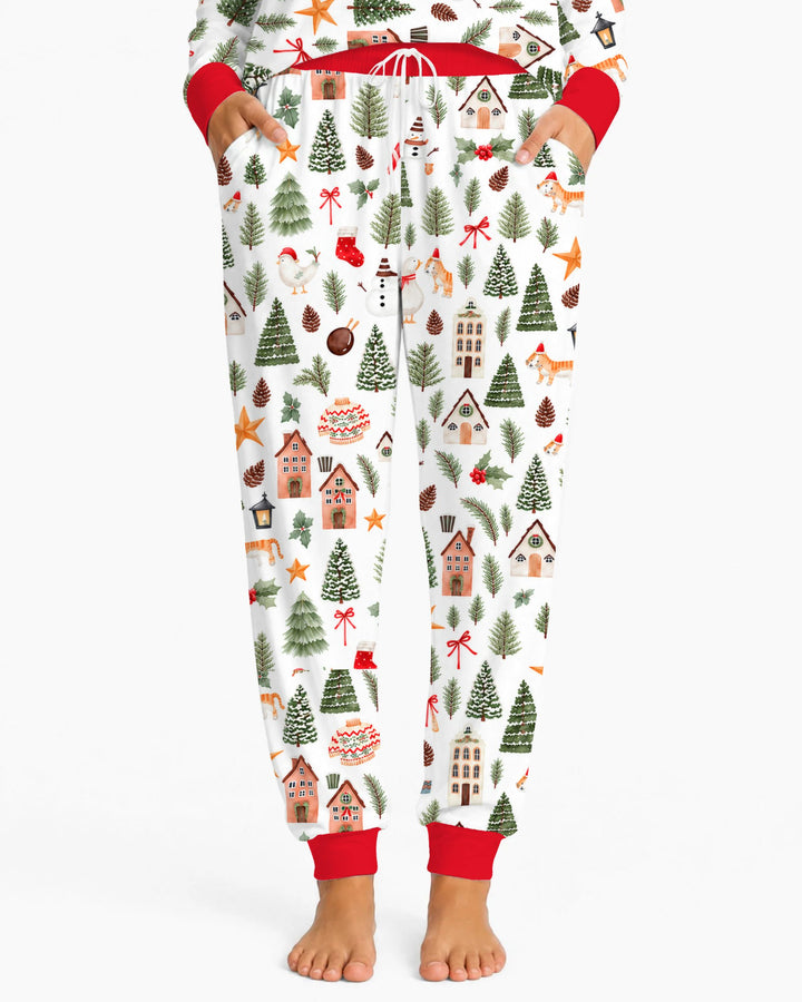 Whimsical Watercolor Christmas Village Bamboo Women Pajama Set