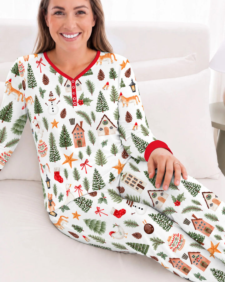 Whimsical Watercolor Christmas Village Bamboo Women Pajama Set