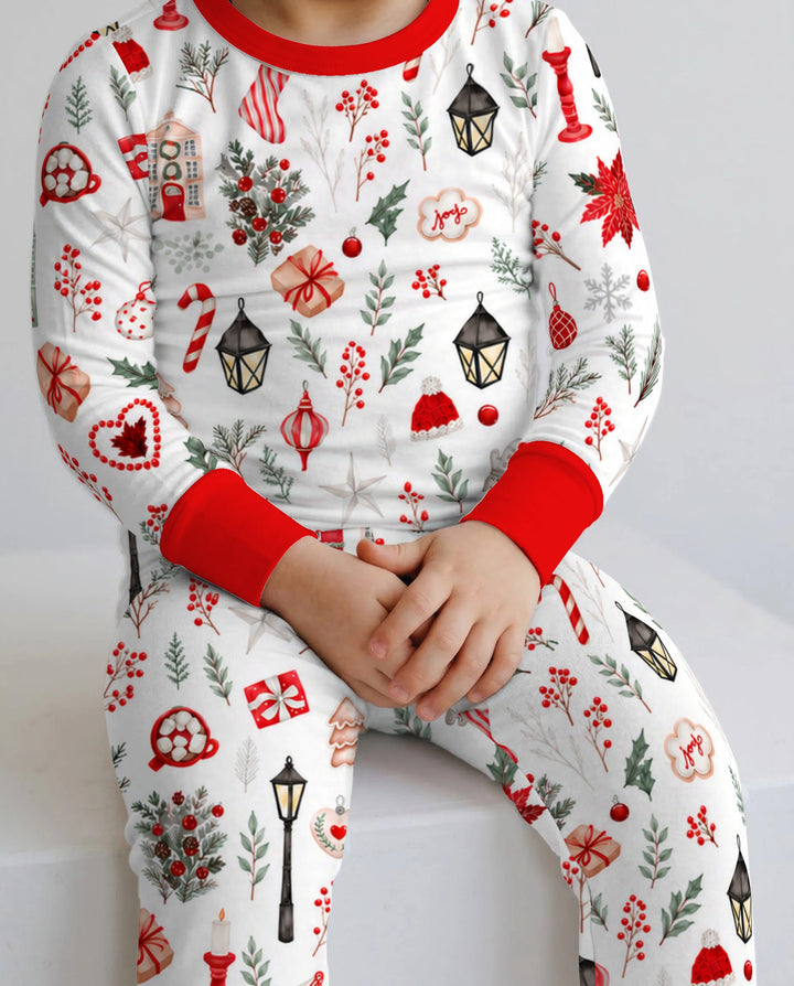 Traditional Watercolor Christmas Decorations Bamboo Two Piece Long Sleeve Pajama Set