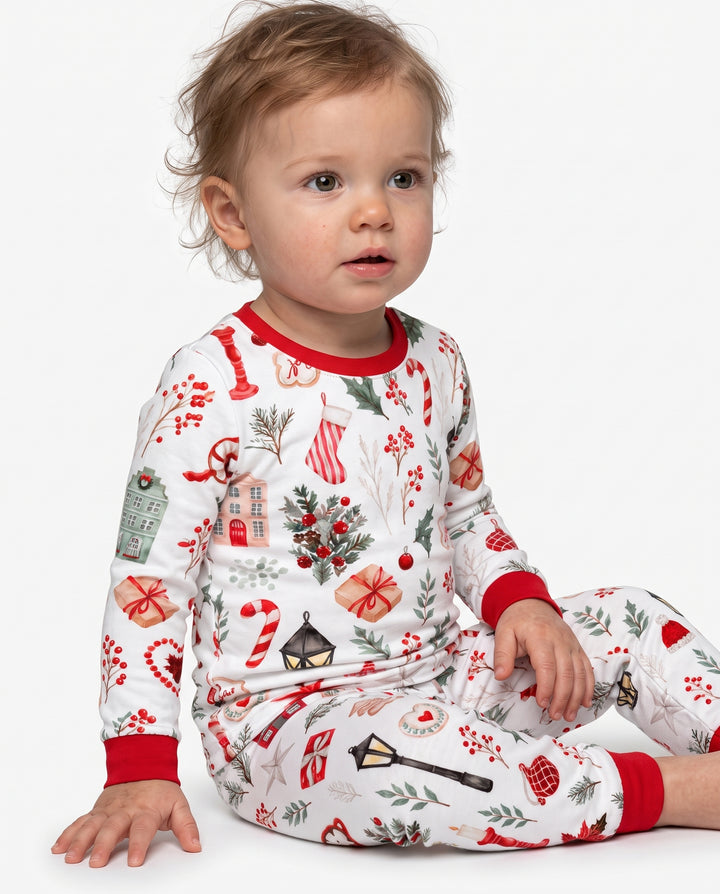 Traditional Watercolor Christmas Decorations Bamboo Two Piece Long Sleeve Pajama Set