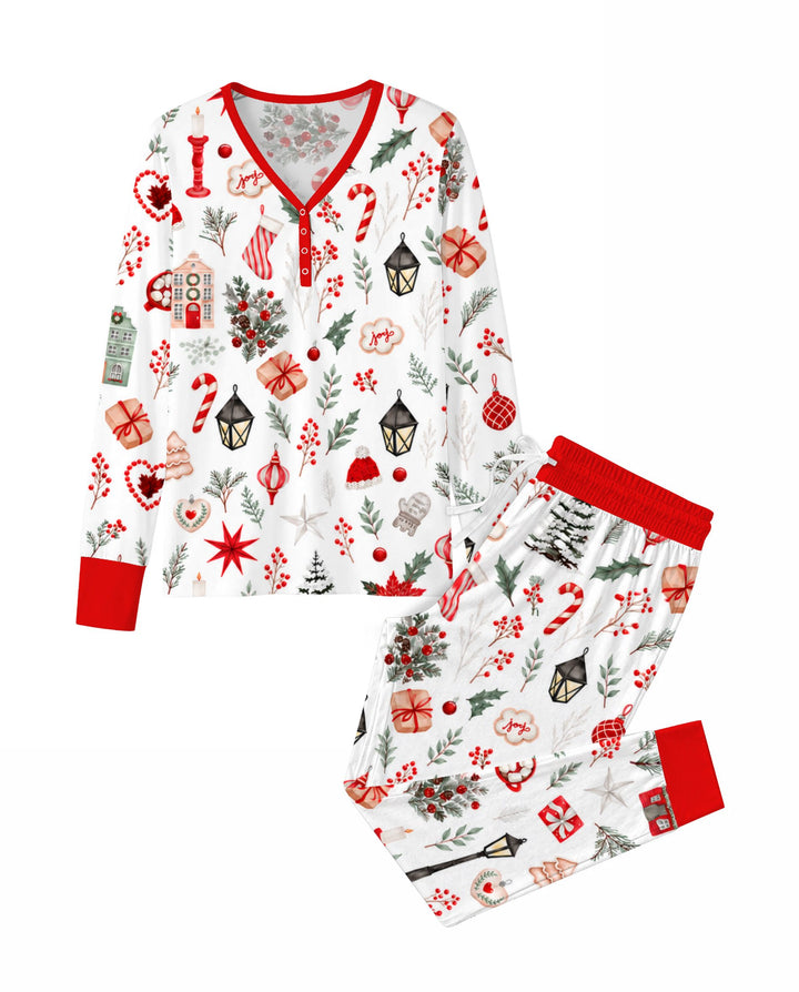 Traditional Watercolor Christmas Decorations Bamboo Women Pajama Set